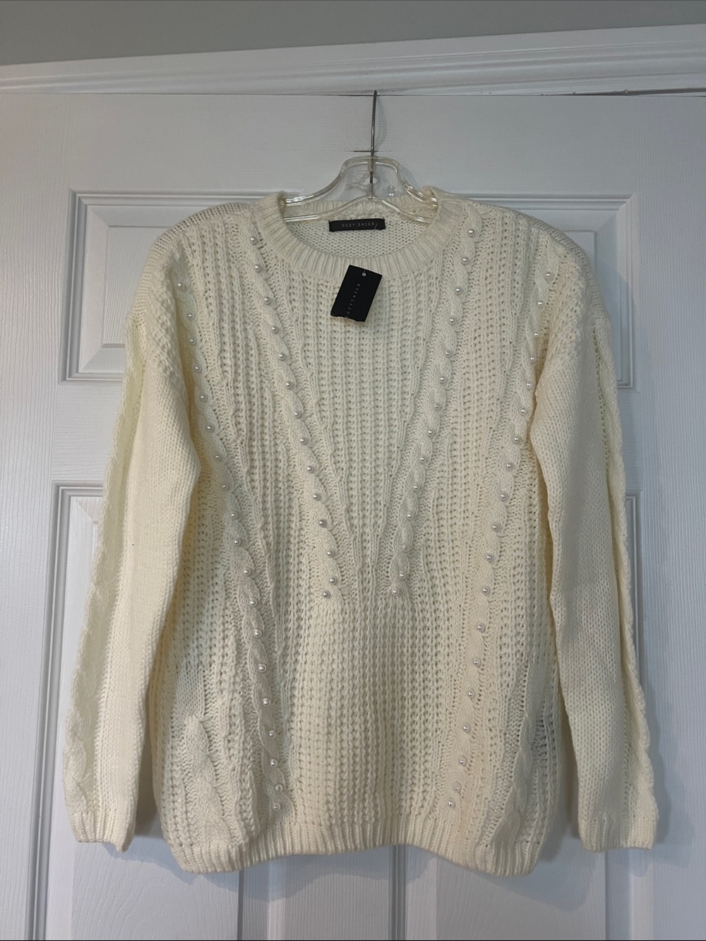 Suzy Shier Cream Pearl-Accent Cable Crewneck Sweater